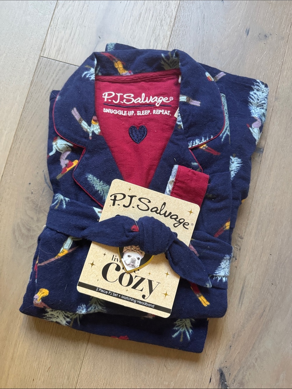 P.J. Salvage Navy Pajama Set with Red Trim and Tropical Bird Print